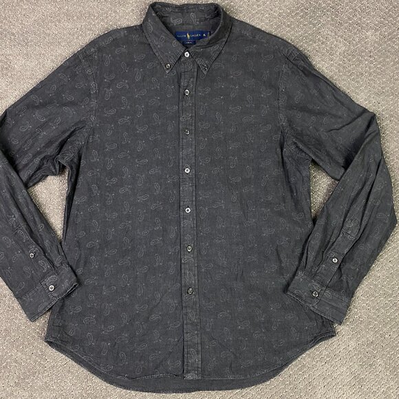 Ralph Lauren Slim Fit Button Down Shirt Men's XL Charcoal Gray Paisley - Picture 2 of 10
